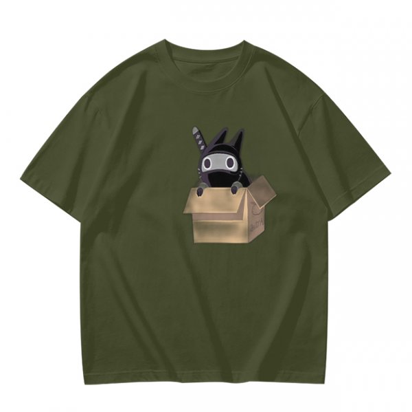Olive Green T-Shirt With Ninja Cat In Cardboard Box Graphic
