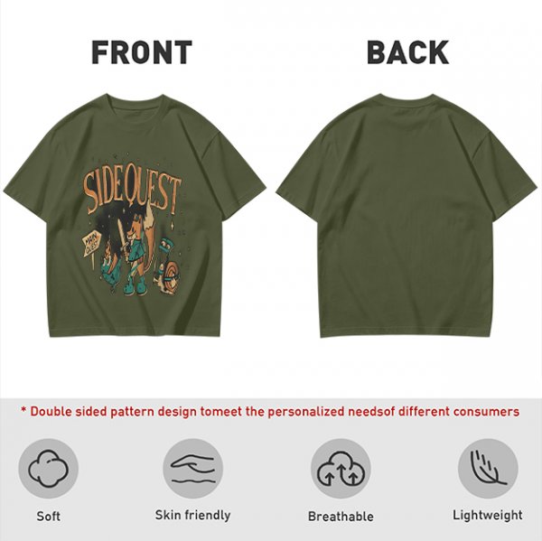 Olive t-shirt with Side Quest fantasy adventure graphic print