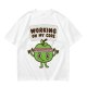 Olive green t-shirt with cartoon apple lifting dumbbells and 'Working on my core' text