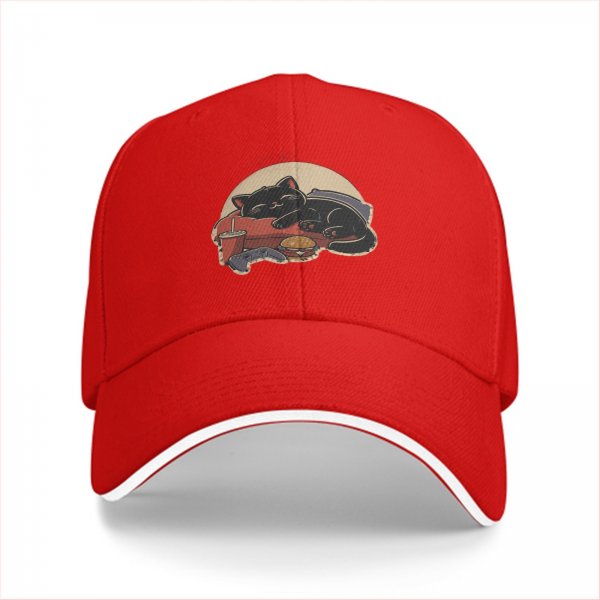 Black Baseball Cap With Lazy Cat Gaming Snack Print