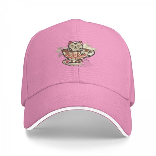 Black Baseball Cap With Maneki-neko In Teacup Graphic