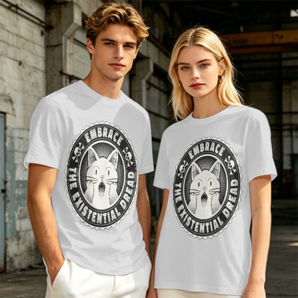 Olive t-shirt with 'Embrace the Existential Dread' screaming cat graphic