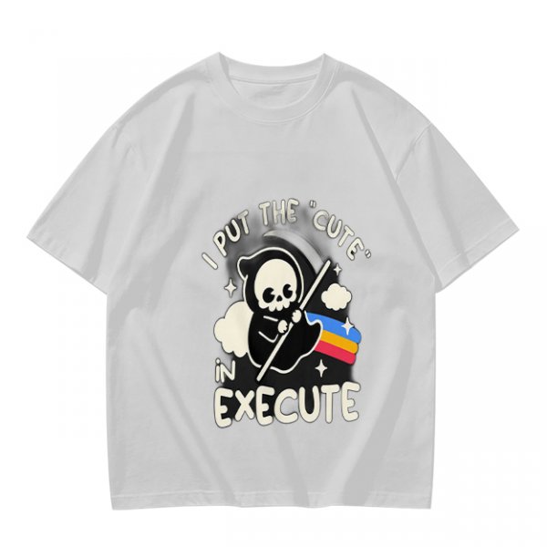 Olive t-shirt with cute grim reaper 'I put the cute in execute' print