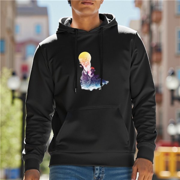 Black Hoodie With Watercolor Moon And Figure Art Print