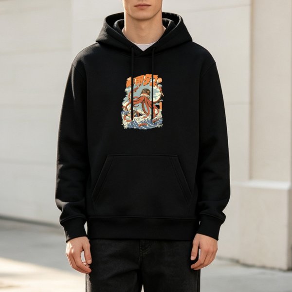 Black Hoodie With Vintage Octopus Monster Wave Graphic