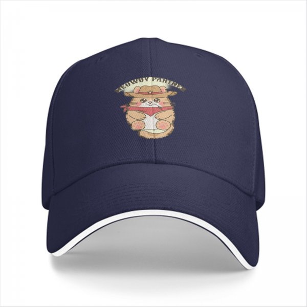 Black baseball cap with cute cowboy cat graphic and 'meowdy partner' text