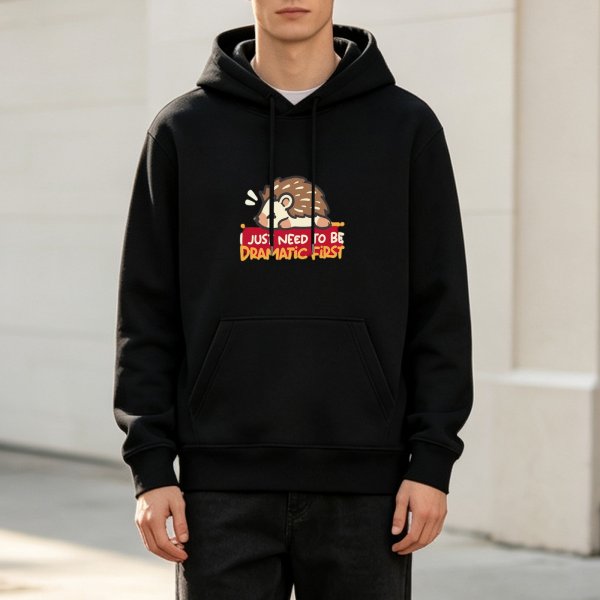 Black hoodie with dramatic hedgehog graphic and funny text