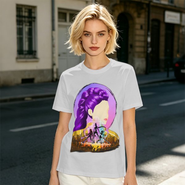 Olive T-Shirt With Purple Haired Woman And Concert Stage Print