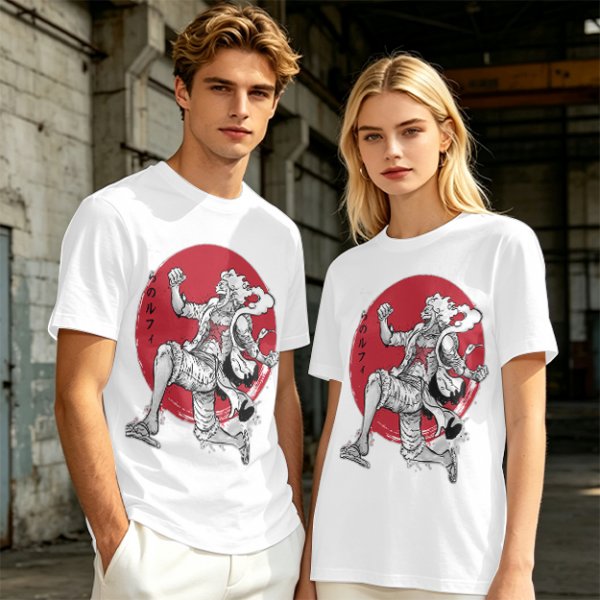 Olive T-shirt with Luffy Gear 5 Sun God Nika Anime Print