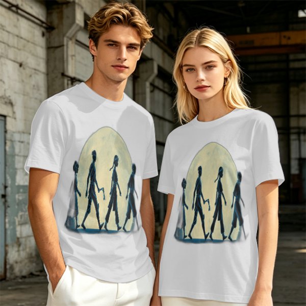 Olive T-shirt with Walking Silhouettes Under a Large Moon
