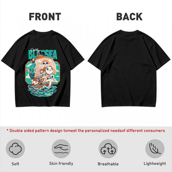 Olive T-Shirt with Cartoon Pirate Ship Blue Sea Cruise Print