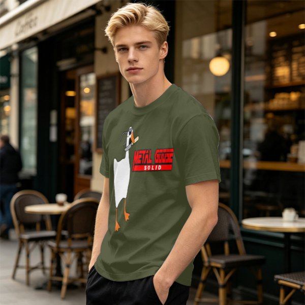 Olive T-Shirt With Metal Goose Solid Parody Graphic Print