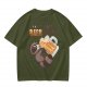 Oversized olive t-shirt with raccoon drinking beer graphic