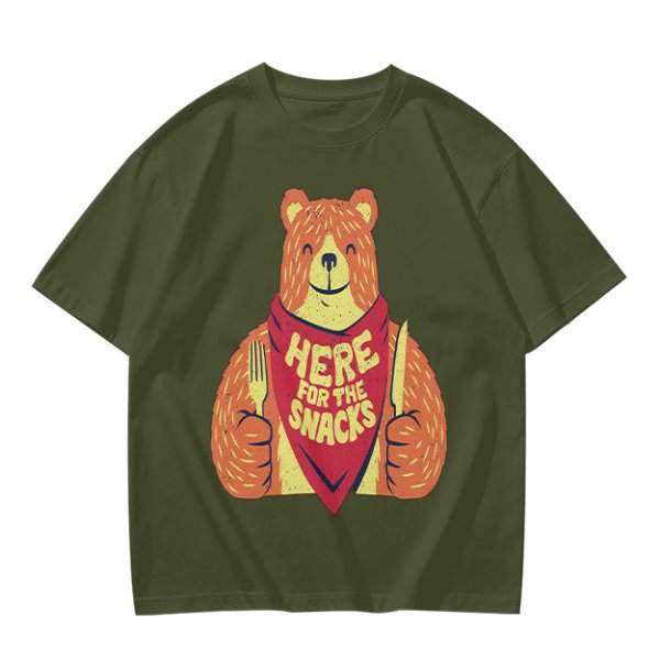 Olive T-Shirt With Happy Bear Holding Fork And Knife Here For Snacks Print