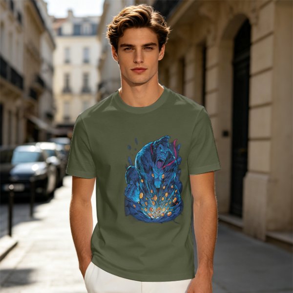 Olive T-Shirt With Blue Fantasy Monster Graphic Print