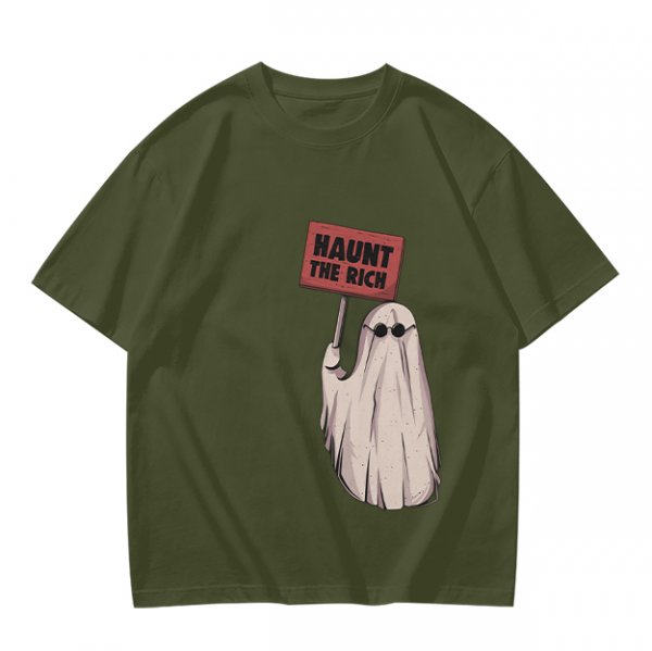 Olive T-Shirt With Ghost Holding 'Haunt The Rich' Protest Sign