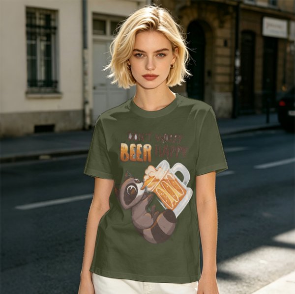 Oversized olive t-shirt with raccoon drinking beer graphic