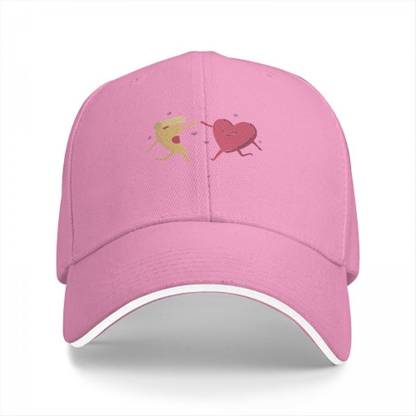 Black baseball cap with dancing pizza slice and pink heart design