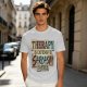 Olive graphic tee with 'Therapy is expensive sarcasm is free' print