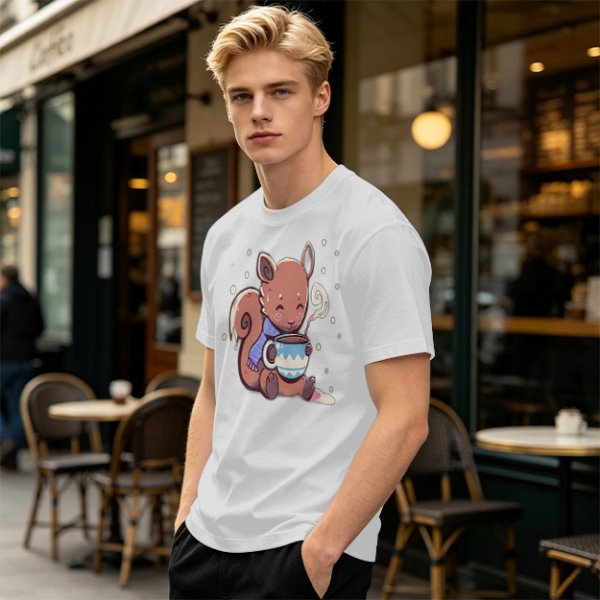 Olive T-Shirt With Cute Squirrel Holding Hot Drink Winter Art