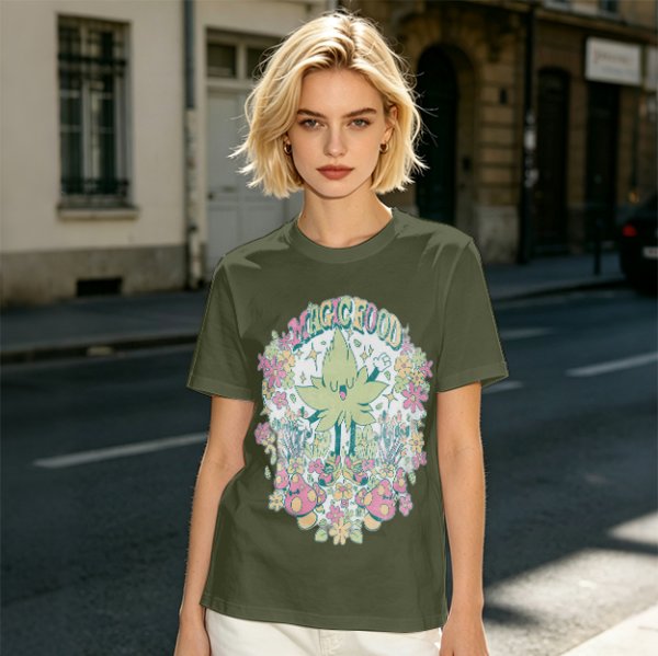 Olive Green Graphic T-Shirt With Whimsical Plant Creature And Floral Print