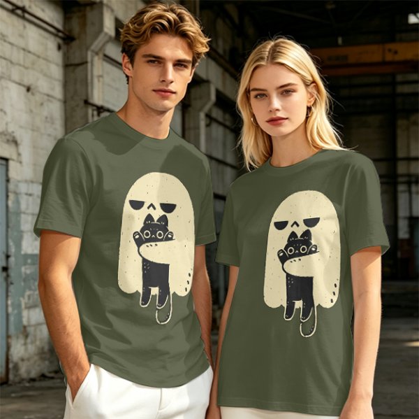 Olive T-Shirt With Ghost Holding Black Cat Graphic