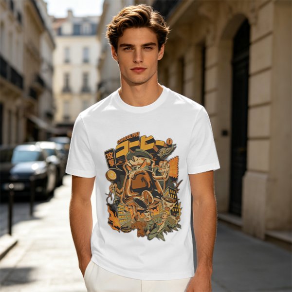 Olive Green T-Shirt with Retro Coffee Monster Graphic Print