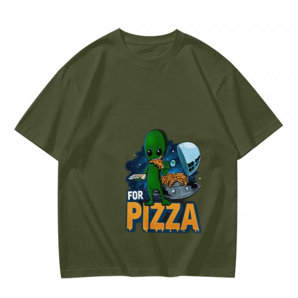Olive Green T-Shirt with Alien Eating Pizza UFO Graphic