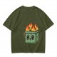 Olive green t-shirt with a cartoon burning box graphic