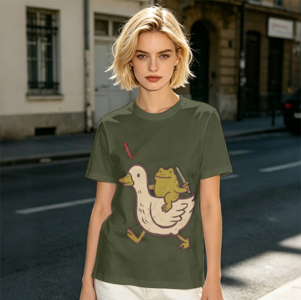 Olive T-Shirt Featuring Frog Riding Duck Holding Knife