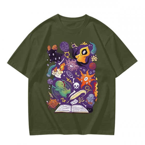 Olive T-Shirt With Cute Occult Monster And Spell Book Print