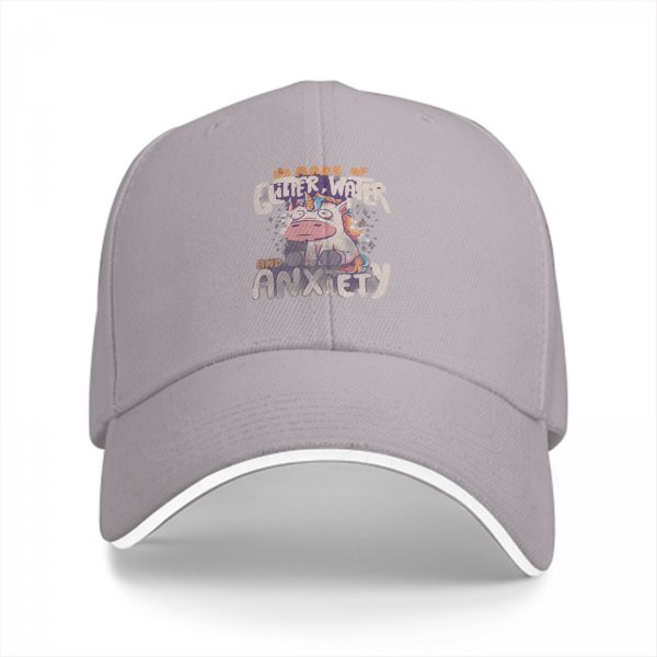 Black baseball cap with glitter water and anxiety unicorn print