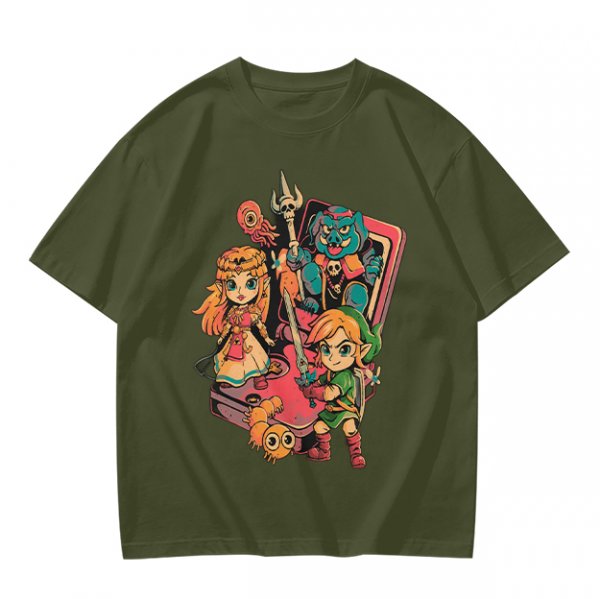 Olive t-shirt with The Legend of Zelda retro game characters print