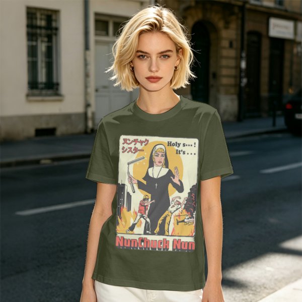 Olive T-shirt with Nunchuck Nun Action Graphic Print