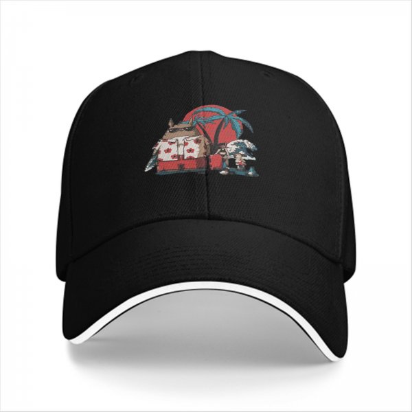Black Baseball Cap with Tropical Beach Themed Graphic Print