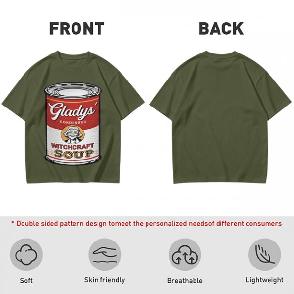 Olive T-Shirt With Gladys' Witchcraft Soup Can Graphic