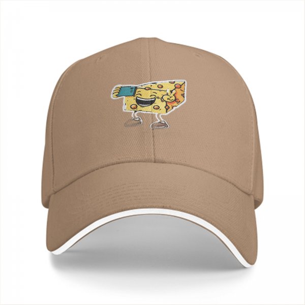 Black Baseball Cap With Cartoon Cheese Taking Selfie Peace Sign