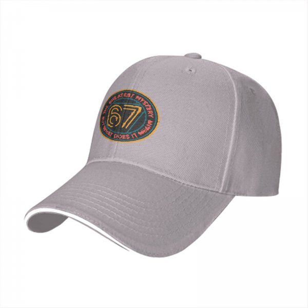 Black baseball cap with '67 The Greatest Mystery' graphic design