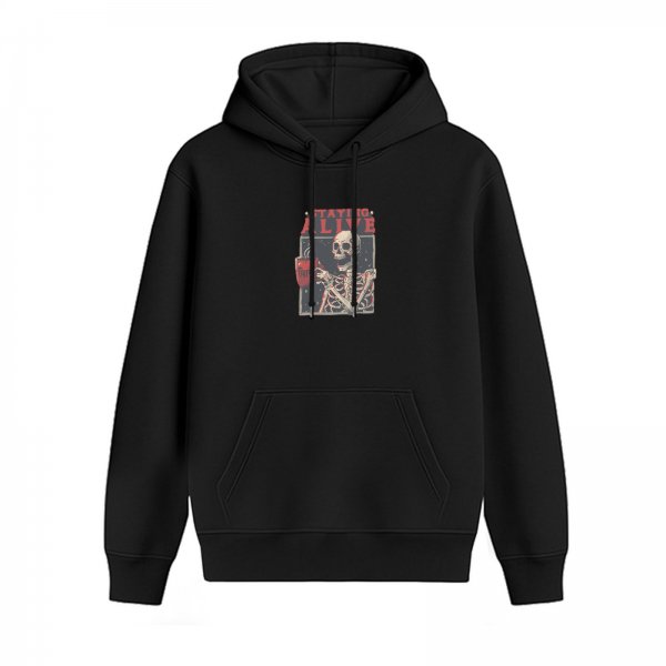 Black hoodie with skeleton holding coffee and 'Staying Alive' print