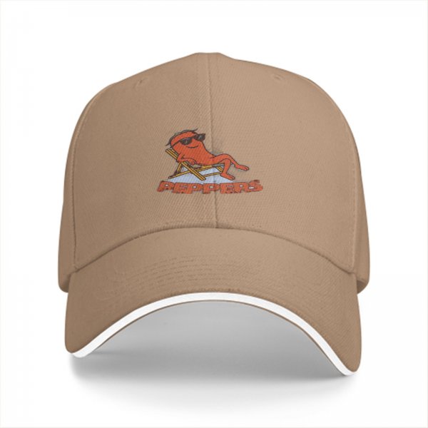Black baseball cap with a relaxed cartoon pepper graphic and text