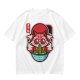 Olive t-shirt with cute kitsune fox eating ramen graphic