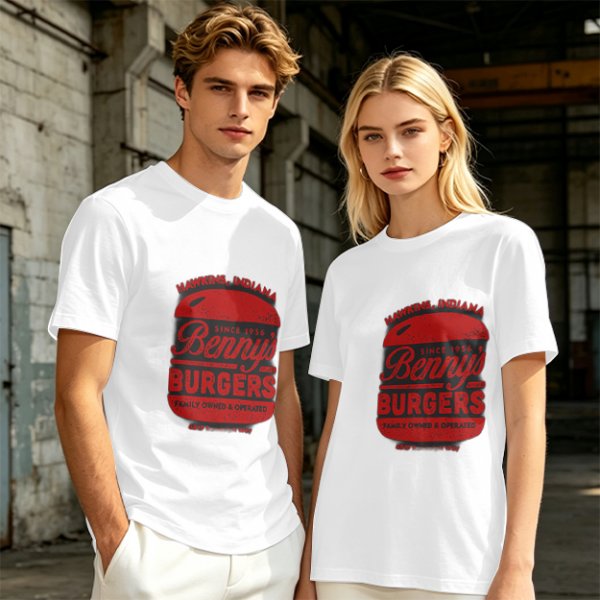 Olive green t-shirt with Benny's Burgers Hawkins Indiana graphic
