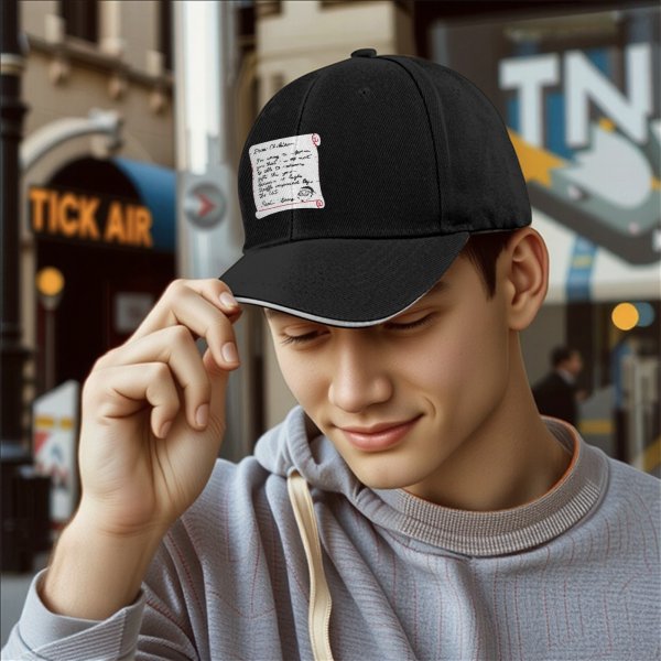 Black baseball cap with funny Santa note print about gift delays