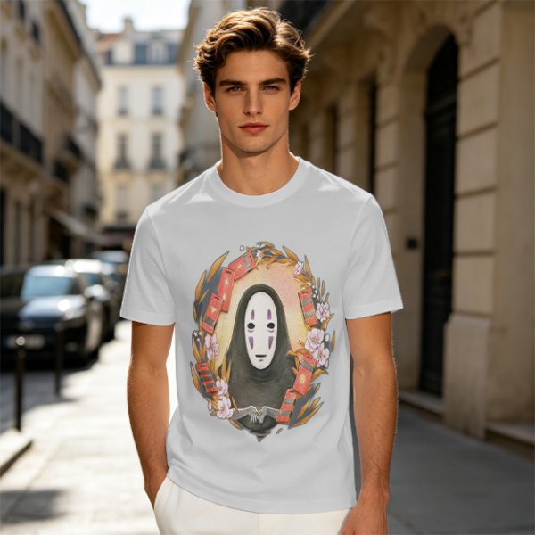 Spirited Away No-Face Graphic Tee with Cherry Blossoms and Lanterns