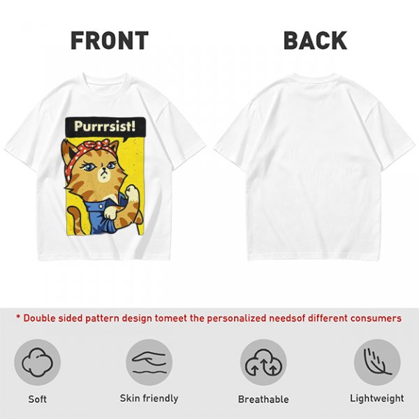 Olive green t-shirt with a cat in a Rosie the Riveter pose and 'Purrrsist!' text