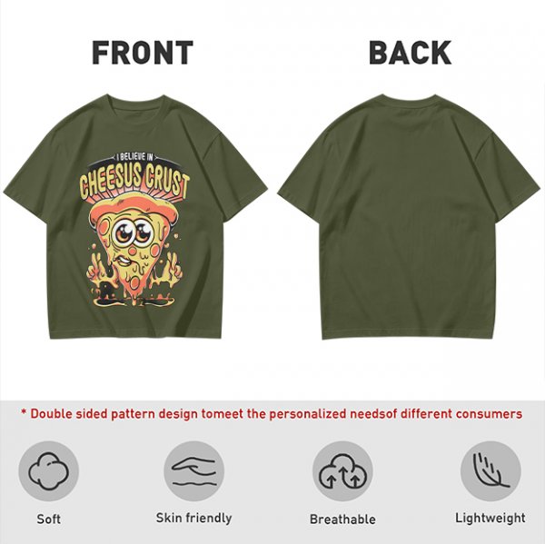 Olive t-shirt with 'I Believe In Cheesus Crust' pizza graphic