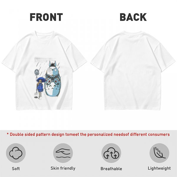 Olive T-Shirt with Mech Totoro and Girl at Bus Stop Print