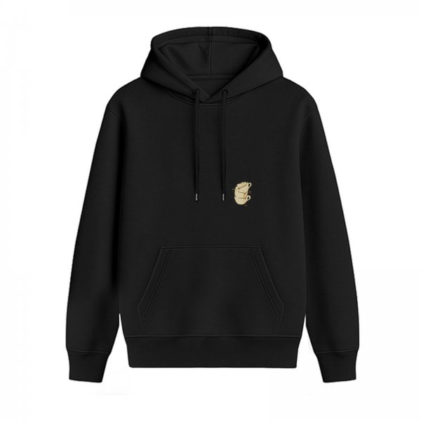 Black Hoodie With Stacked Teacup Embroidery Detail