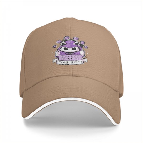 Black baseball cap with purple wizard cat and dice graphic