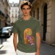 Olive Green T-Shirt with Cozy Frog in Pumpkin Hat Graphic